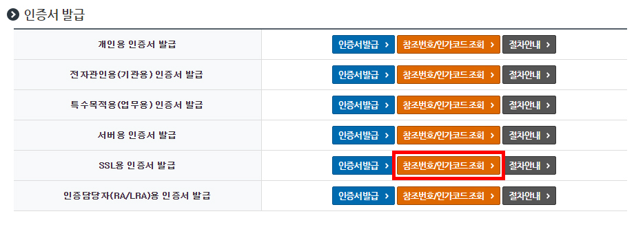 툴킷 설치 후 관인용 인증서 발급 [참조번호/인가코드 조회] 버튼을 클릭하면 아래의 ③번 절차와 같이 SSL용 인증서 발급 팝업창이 나오게 됩니다.